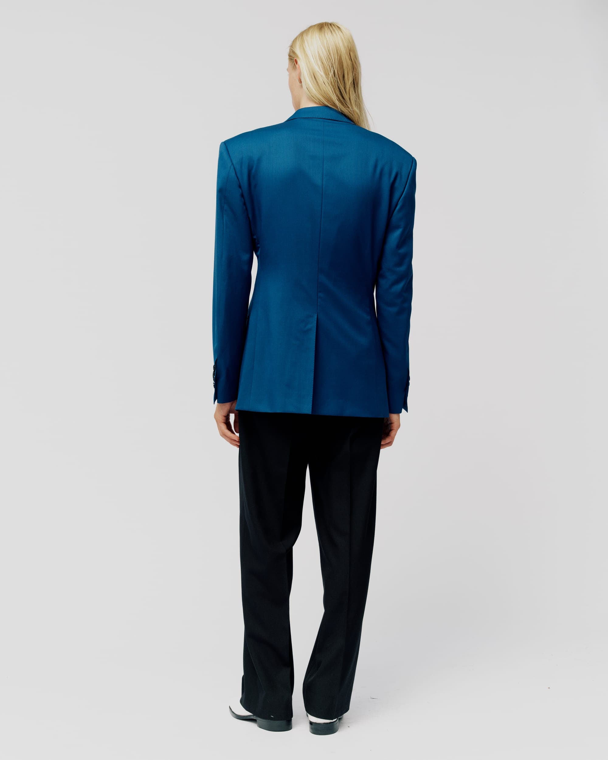 DOUBLE-BREASTED JACKET IN PETROL BLUE GABARDINE, view 4